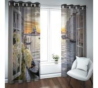 UIRINGART Cortinas Opacas con Vista a la Ciudad del Agua para la Cocina Ventana Abierta Patrón clásico de Arquitectura Cortinas térmicas aisladas para el Dormitorio 2 Paneles B180xH245cm