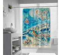 UIRINGART Cortinas románticas de Ducha W150xL200cm Moon Lovers Estilo Marc Chagall Arte de Palma Azul Pintura al óleo Tela Decoración del baño Accesorios Impermeables Lavables