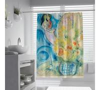 UIRINGART Cortinas románticas de Ducha W200xL200cm Marc Chagall Estilo Amantes Pintura al óleo Arte Ramo Amarillo Conjunto de decoración de baño de Tela Azul con Ganchos Lavables Impermeables