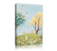 UIRINGART Dibujo mural de lienzo de pradera de conejito caprichoso carteles de animales adorables pintura naturaleza flor de árbol murales pastorales para decoración del salón y dormitorio 35x55cm