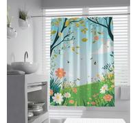 UIRINGART Garden Easy to Care Ducha Cortinas de Ducha W100xL200cm Flower Meadow Green Grass Bees Blue Sky Tree Natural Proof Immune Mould Resistente al Moho Decoración de baño con Ganchos