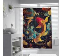 UIRINGART Pantalla Ducha Buena Suerte W100xL200cm Mar Rojo Teal Carpa Nubes Doradas auspiciosas Feng Shui fácil Limpiar Resistente Moho poliéster con Ganchos