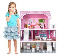 UISEBRT Casa de muñecas de madera con muebles y accesorios de 3 niveles, juego para niñas a partir de 3 años, tipo A