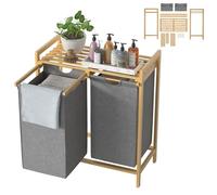 UISEBRT Cesta de ropa sucia de bambú con 2 compartimentos, clasificador de ropa de 72L de tela Oxford, sistema de clasificación de ropa desmontable y lavable, 73x64x33,5cm, Gris