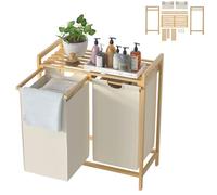 UISEBRT Cesto para la colada de bambú con 2 compartimentos, 72 L, de tela Oxford, sistema de clasificación de ropa extraíble y lavable, 73 x 64 x 33,5 cm, color beige