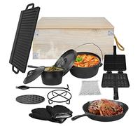 UISEBRT Dutch Oven Set 12 piezas en caja de madera, con Horno Holandés, muchos accesorios de hierro fundido, incluye cacerola, sartén y manoplas, para Camping Cocina Casera Barbacoa