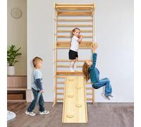 UISEBRT Espaldera para escalar de madera, para interiores y adultos, dispositivo deportivo para el hogar con barra, anillos de gimnasia, tobogán y escalera de cuerda, soporta hasta 100 kg