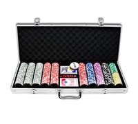 UISEBRT Juego de 500 fichas de póquer, incluye 2 barajas de póquer, 5 dados, 3 botones (500 fichas, carcasa de aluminio plateado)