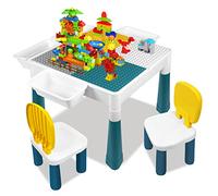 UISEBRT Mesa Infantil Con 2 Sillas y 163 Bloques de Construcción - Juego de Mesa Multifuncional Para Niños - Mesa de Actividades y Manualidades
