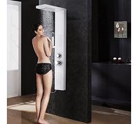 UISEBRT Panel de ducha de acero inoxidable cepillado, montaje en esquina, columna de ducha con 4 funciones multifunción (blanco mate)