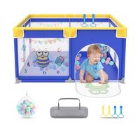 UISEBRT Parque infantil de 127 x 127 cm, con 50 bolas de océano, 4 anillos de tracción y bolsa de transporte, plegable, con red transpirable, color azul con motivos de animales