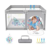 UISEBRT Parque infantil de 127 x 127 cm, con 50 bolas de océano, 4 anillos de tracción y bolsa de transporte, plegable, con red transpirable, color gris con motivos de astronautas