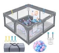 UISEBRT Parque infantil de 130 x 130 cm, con red transpirable, 30 pelotas, minicestas, parque de seguridad para niños, gris