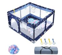 UISEBRT Parque infantil de 130 x 130 cm, con red transpirable, 30 pelotas, minicestas, parque de seguridad para niños, azul