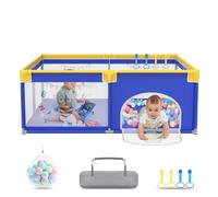 UISEBRT Parque infantil de 150 x 180 cm, con 50 bolas de océano, 4 anillos de tracción y bolsa de transporte, plegable, con red transpirable, color azul con motivos de animales