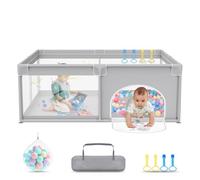 UISEBRT Parque infantil de 150 x 180 cm, con 50 bolas de océano, 4 anillos de tracción y bolsa de transporte, plegable, con red transpirable, color gris con motivos de astronautas