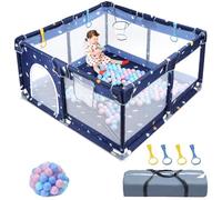 UISEBRT Parque infantil de 150 x 180 cm, con red transpirable, 50 pelotas, minicestas, parque de seguridad para niños, azul