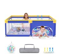 UISEBRT Parque infantil de 180 x 200 cm, con 50 bolas de océano, 4 anillos de tracción y bolsa de transporte, plegable, con red transpirable, color azul con motivos de animales