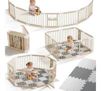 UISEBRT XXL Parque infantil de madera para bebé con 2 centros de juego, tamaño y forma ajustables, parque plegable con 8 elementos de barrera para bebés y niños pequeños, con colchón
