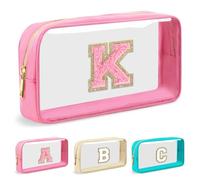 UIXIZQ Bolsa de maquillaje transparente personalizada con letra inicial, bolsa pequeña de nailon y PVC con cremallera con letra de chenilla, bolsa de aseo de viaje para el cuidado de la piel, regalo
