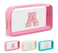 UIXIZQ Bolsa de maquillaje transparente personalizada con letra inicial, bolsa pequeña de nailon y PVC con cremallera con letra de chenilla, bolsa de aseo de viaje para el cuidado de la piel, regalo