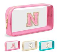 UIXIZQ Bolsa de maquillaje transparente personalizada con letra inicial, bolsa pequeña de nailon y PVC con cremallera con letra de chenilla, bolsa de aseo de viaje para el cuidado de la piel, regalo