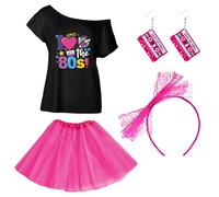 UJBVCX 80s Accesorios de Traje, Ropa Años 80 Disfraz con Camiseta, Net Hilo Falda, 1 Pendientes, 1 Diadema, Deguisement Année 80 Disco pour Soirées à Thème et Spectacles Sur Scène Carnavals