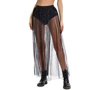 UJBVCX Falda Transparente Larga Festival, Falda Tul Mujer Negra para Festival, Halloween y Look Bruja, Ropa Festivall Mujer, Outfit Festivall Mujerr con Lentejuelas y Pantalón Vestir, XL
