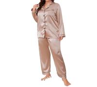 UJEDFHV Pijama Saten Large Size Female Pajamas Set Spring Summer Silk Satin Sleepwear Trouser Pijamas Suit Loose Casual 2 PCS Shirt&Pant Home Wear(Champagne Long,1XL)