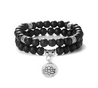 UJEDFHV pulsera de cuentas Pulsera de piedra natural 2 piezas for hombres y mujeres, con cuentas loto, brazalete elástico tejido a mano for niñas(Matte Black)