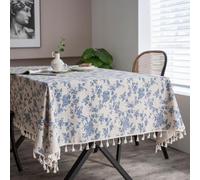 UJNHGQ Mantel de Lino y algodón con Estampado Vintage de Rosas Azules para pícnics al Aire Libre, cenas y Fiestas (60 x 60 cm/Borla Beige)