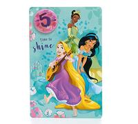 UK Greetings Disney - Tarjeta de 5º cumpleaños para ella/niña con sobre, diseño de princesa con Rapunzel, Tiana y Jazmín