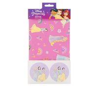UK Greetings Paquete múltiple de papel de regalo y etiquetas de princesas Disney para ella/niña, juego de envoltura de regalo, cumpleaños, bodas, día de la madre, diseño rosa y morado, paquete de 2