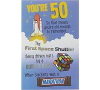 UK Greetings Tarjeta de 50 cumpleaños, regalo de feliz cumpleaños, para ella/él, diseño nostálgico, con sobre, 155 x 235 mm