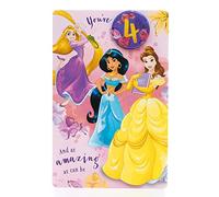 UK Greetings Tarjeta de cumpleaños número 4 de Disney para ella/niña, regalos de feliz cumpleaños, para ella, niñas, mujeres, diseño de princesa con Rapunzel, Jazmín y Belle, con sobre, 143 x 216 mm