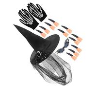 UKCOCO 1 juego de sombrero de bruja de Halloween con guantes, uñas para gafas, accesorio de disfraz para cosplay, Halloween, fiesta, elegante, accesorio para juegos de rol