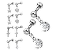UKCOCO Pendientes de Botón Pequeños de Acero Inoxidable Quirúrgico 10 Piezas para Piercings de Cartílago Oreja Trago Diseños Cruz Luna Estrella Insecto Alado y Corazón Joyería