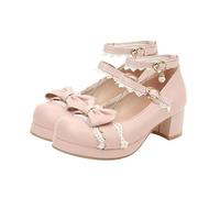 UKCOCO Zapatos Lolita De Cuero Punta Redonda y Lazo para Estudiantes Moda Zapatos De Mujer De Tacón Grueso para Niña