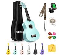 Ukelele soprano Donner 21 pulgadas para principiantes con acabado mate, kit con funda, correa, afinador, cuerdas, púas y paño de limpieza, incluye clases online gratuitas, color Azul Cian
