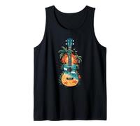 Ukelele Tropical Playa Atardecer Palmeras Océano Diseño Isla Camiseta sin Mangas