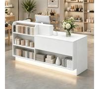 UKETO Mostrador de Recepción con LED, Estantes y Almacenaje, Mostrador de Caja de Madera para Tienda, Boutique, Café, Salón y Comercio(White Right,140cm/55.1")