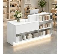 UKETO Mostrador de Recepción con LED, Estantes y Almacenaje, Mostrador de Caja de Madera para Tienda, Boutique, Café, Salón y Comercio(White Left,140cm/55.1")