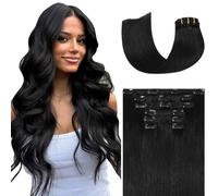 Ukira Extensiones de cabello con clip de alta calidad, color negro: extensiones de cabello humano 100 % natural. Tan suaves y lisas como tu propio cabello, sin enredos, sin desprendimiento