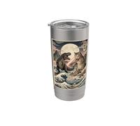 Ukiyo-e Cat Vs T-Rex Batalla de arte japonés Gran ola Vaso térmico de acero inoxidable de doble pared