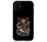 Ukiyo-e Inspired Samurai Cat Surfing Waves Great White Shark Carcasa para iPhone 11