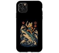 Ukiyo-e Inspired Samurai Cat Surfing Waves Great White Shark Carcasa para iPhone 11 Pro Max