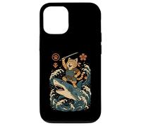 Ukiyo-e Inspired Samurai Cat Surfing Waves Great White Shark Carcasa para iPhone 12/12 Pro