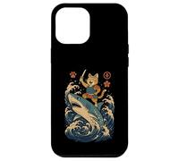 Ukiyo-e Inspired Samurai Cat Surfing Waves Great White Shark Carcasa para iPhone 12 Pro Max