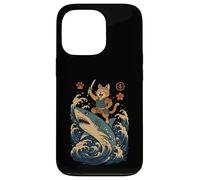 Ukiyo-e Inspired Samurai Cat Surfing Waves Great White Shark Carcasa para iPhone 13 Pro