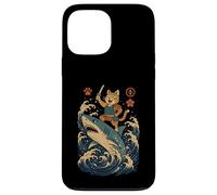 Ukiyo-e Inspired Samurai Cat Surfing Waves Great White Shark Carcasa para iPhone 13 Pro Max